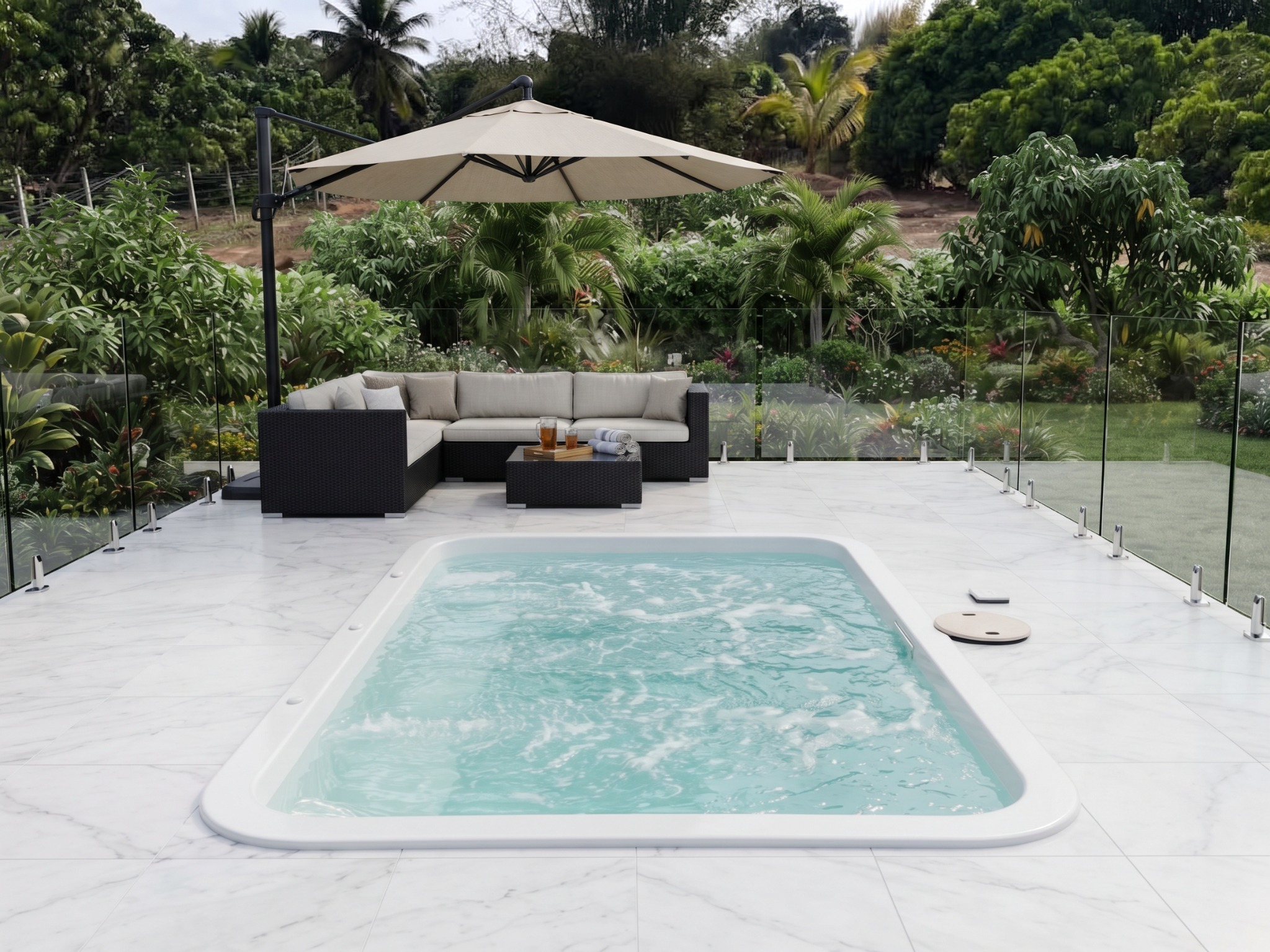 Alicia MK2 spa pool with pale paving and garden seating
